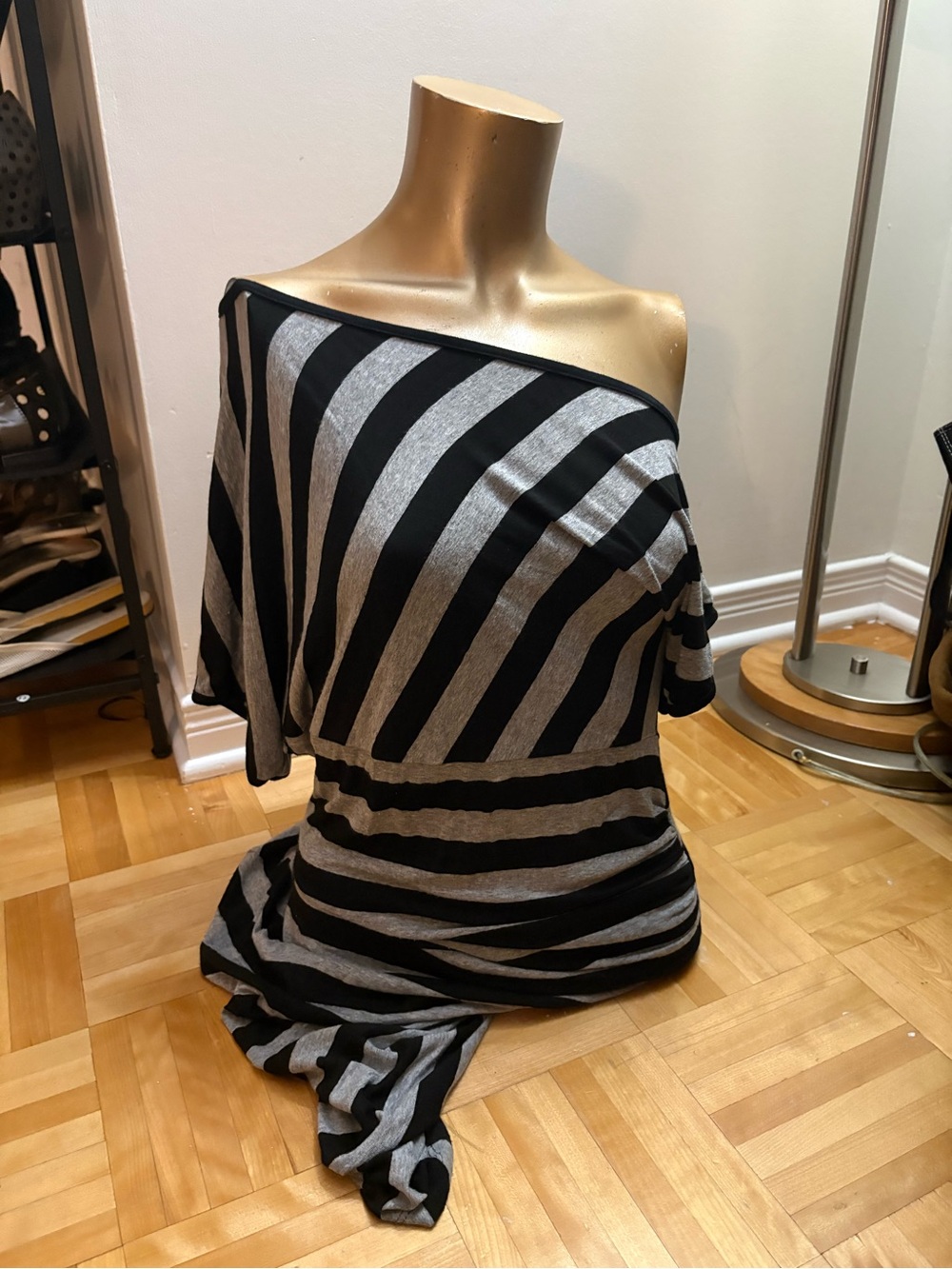 Off-Shoulder Striped Tunic Dress in Black and Gray